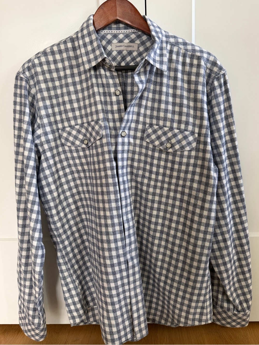 James Campbell Men’s Blue & White Gingham Plaid Soft Flannel Shirt - Large